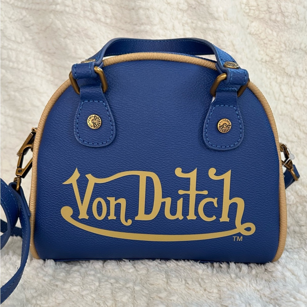 NWT Navy Blue and Gold Von Dutch Y2K Bowler Handbag with Crossbody Strap